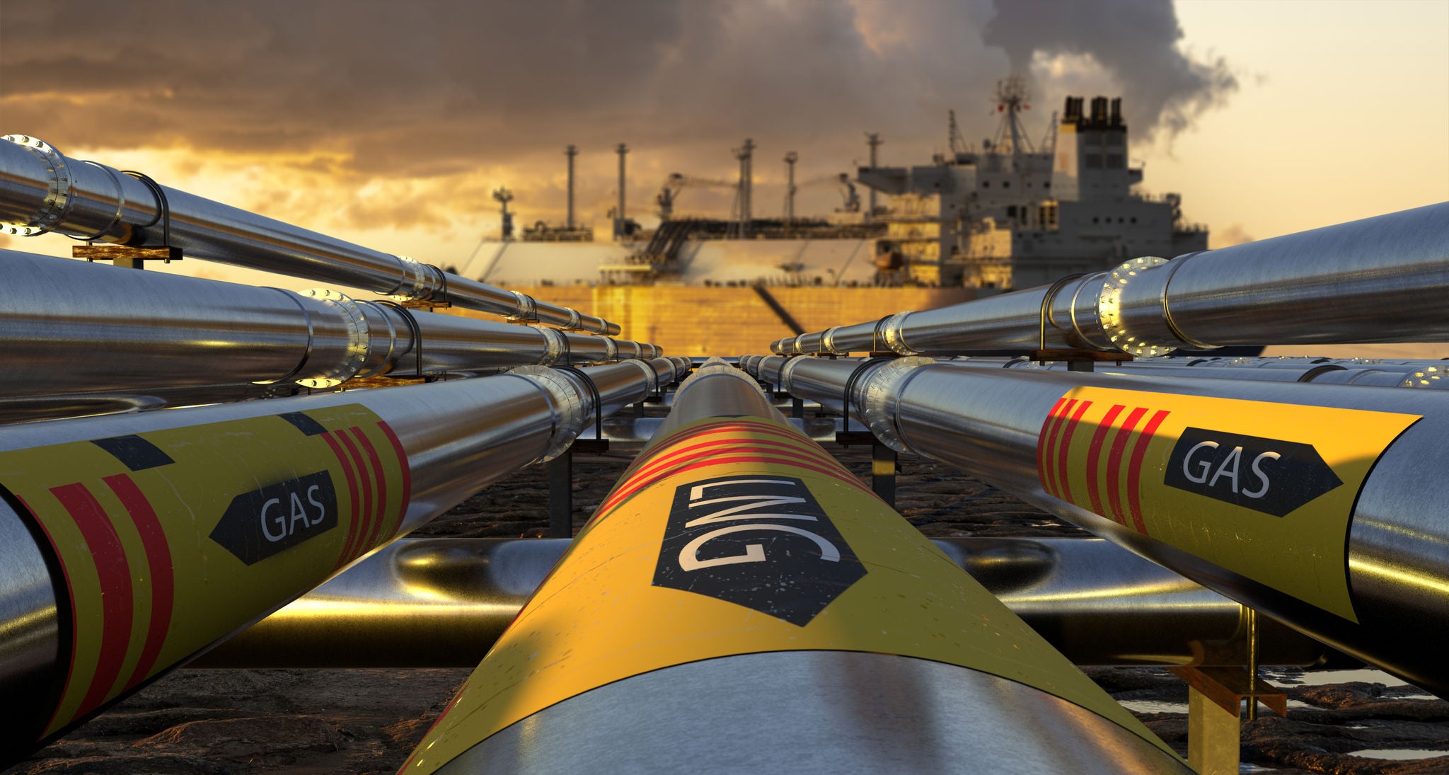 2070886238 Pipelines leading the LNG terminal and the LNG -3d illustration.