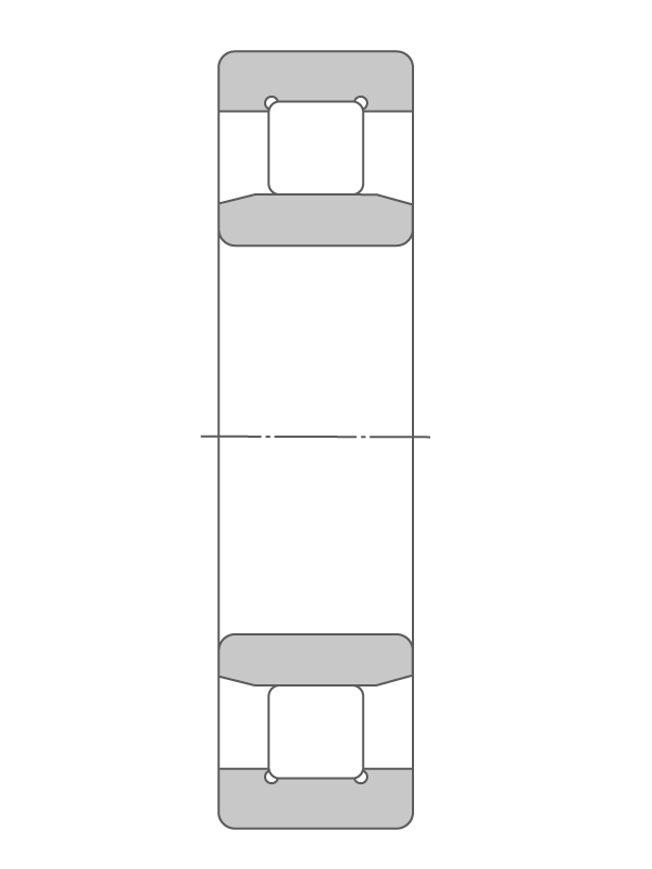 2D cross-section of single-row cylindrical roller bearing.