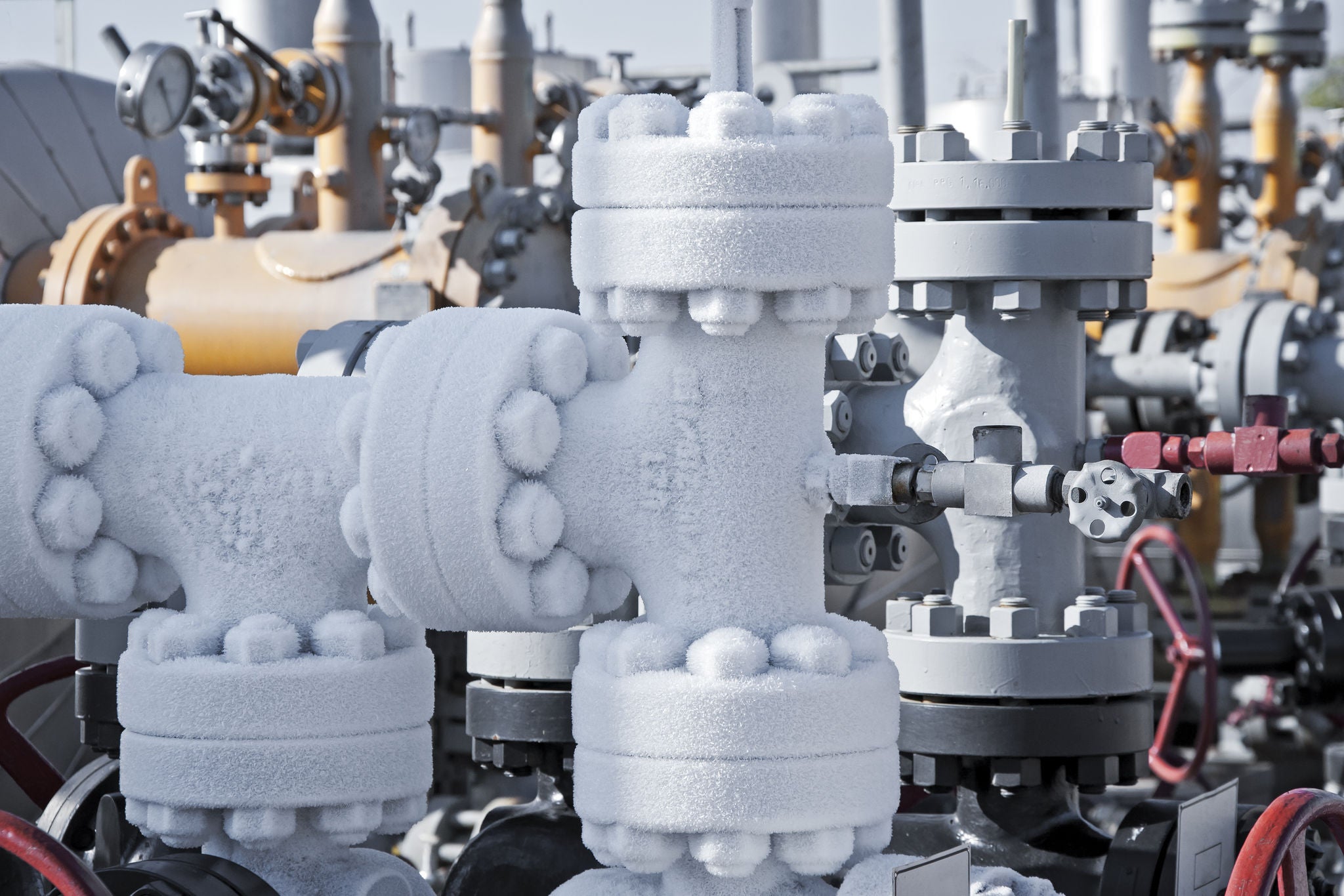 510055477 Close up of a frozen natural gas pipeline