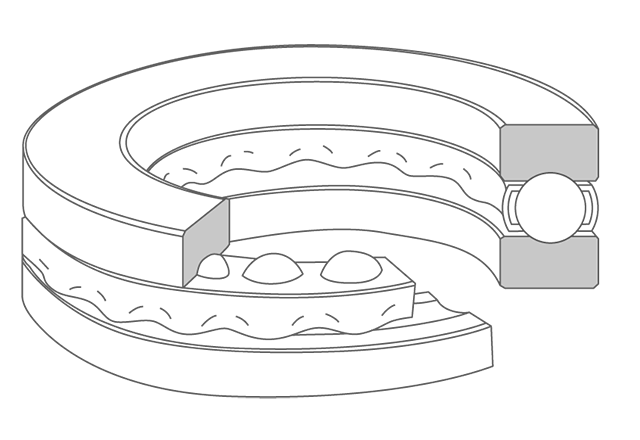 2D cross-section of a thrust ball bearing with the shaft washer, balls, cage, and housing washer visible.