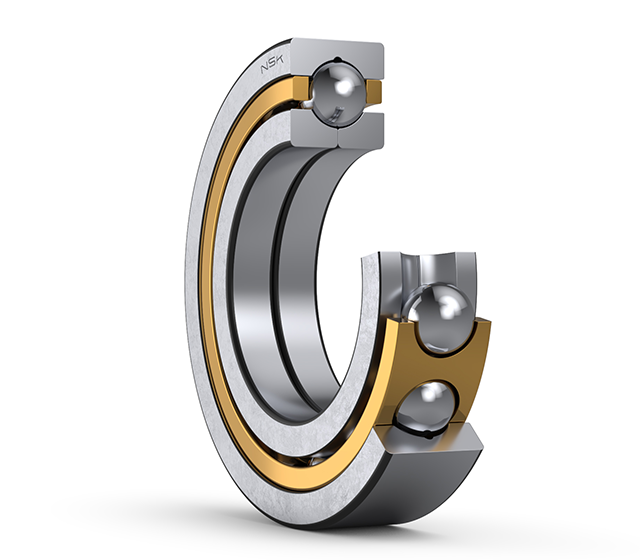 3D model cross-section of four-point-contact ball bearing with machined brass cage.