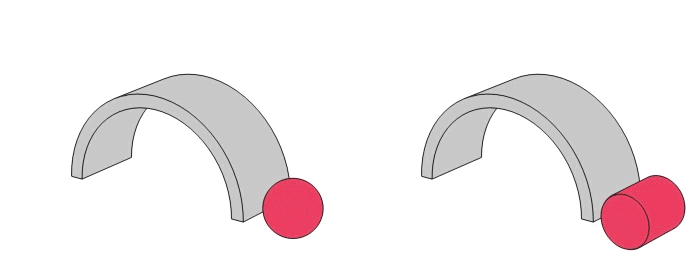 Animation comparing point contact with ball on left and line contact with roller on right.